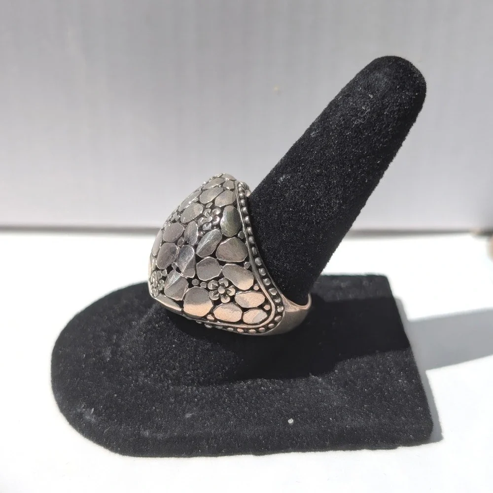 Sarda Sterling Silver 925 Pebble Floral‎ Statement Ring Wide Band Handcrafted 7